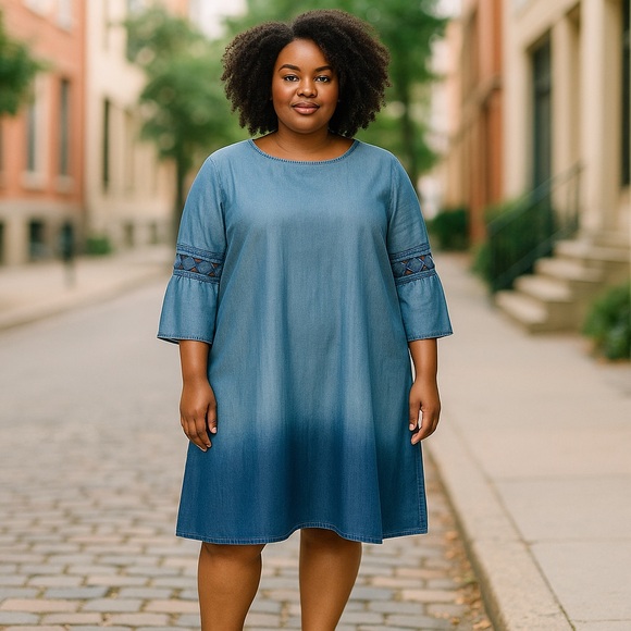a.n.a Dresses & Skirts - A.N.A Denim Ombre Shift Dress W/ Crochet Bell Sleeves Size 16